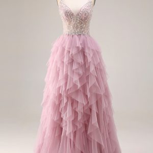 Sparkly A Line Ruffled Tulle Dusty Pink Prom Dress with Pearls
