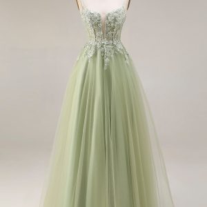 Sparkly A Line Beaded Light Green Prom Dress with Appliques