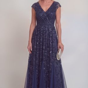 Sparkly A Line Navy Appliqued V Neck Mother of the Bride Dress