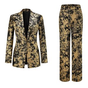 Sparkly Black Golden Notched Lapel 2 Piece Women Prom Suit