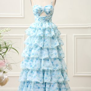 A Line Spaghetti Straps Cut Out Tiered Blue Tiered Maxi Dress