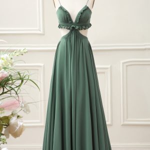 A Line Spaghetti Straps Ruffles Green Hollow-out Maxi Dress