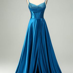 Sparkly Dark Blue A Line Satin Corset Maxi Dress with Beading