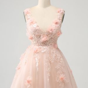 Sparkly Blush A Line V Neck Sequin Mini Dress with 3D Flowers